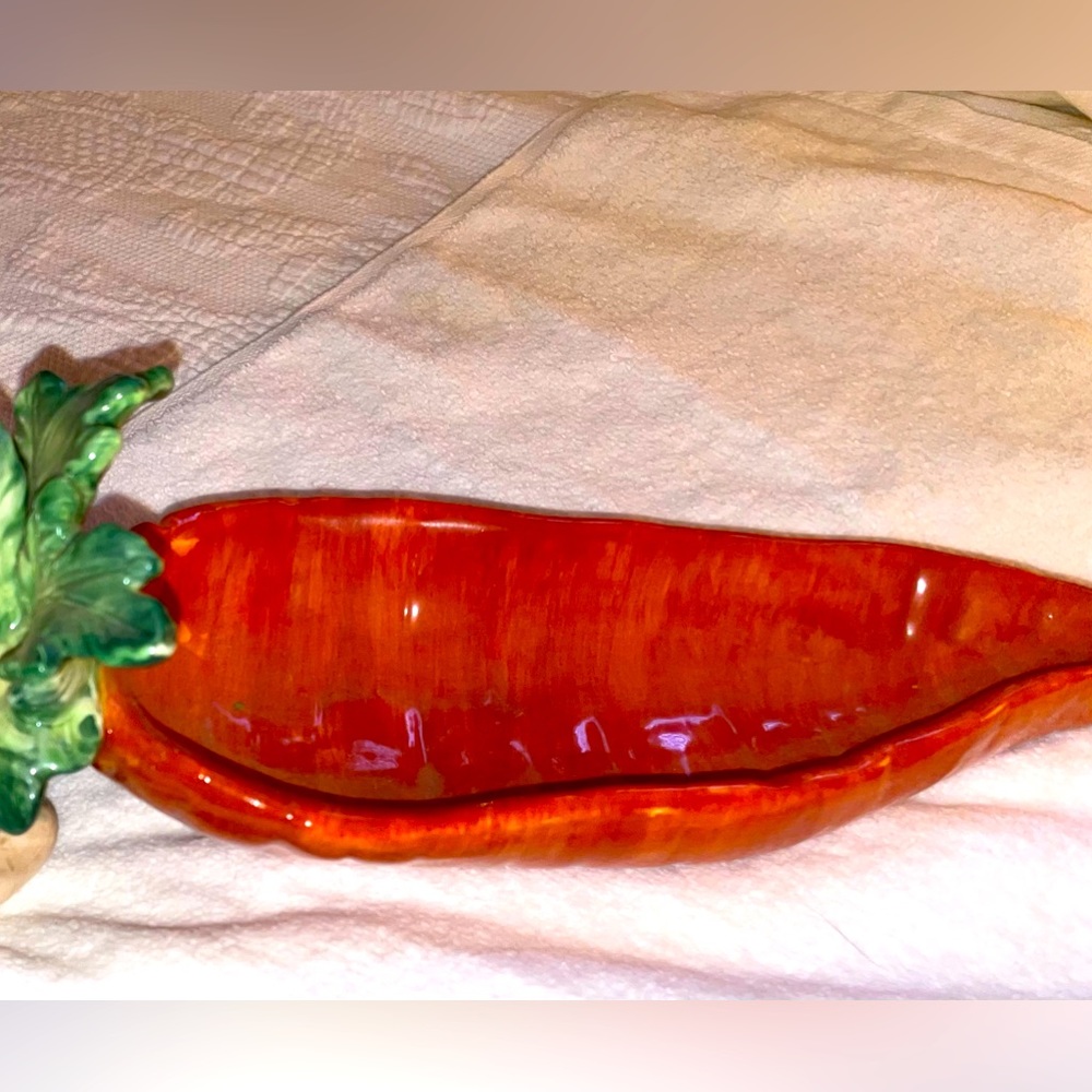 Bunny kitchen decor or small 3 1/2” x 13 1/2” dish pulling a carrot.